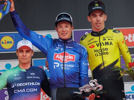 In Flanders Fields - Middelkerke to Wevelgem cycling race (L-R) Second placed Danish rider Tobias Lund Andresen of Decathlon CMA CGM Team, the winner Belgian rider Jasper Philipsen of team Alpecin-Premier Tech and third placed French rider Christophe Laporte of Team Visma Lease a Bike pose on the podium of the In Flanders Fields - Middelkerke to Wevelgem cycling race in Wevelgem, Belgium, 29 March 2026. WEVELGEM BELGIUM  Copyright: xOLIVIERxMATTHYSx