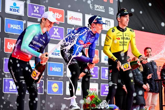 In Flanders Fields From Middelkerke to Wevelgem 2026 Cycling Race WEVELGEM, BELGIUM - MARCH 29 : Andresen Tobias Lund (DEN) of Decathlon CMA CGM Team, Laporte Christophe (FRA) of Team Visma Lease a Bike, Philipsen Jasper (BEL) of Alpecin Premier Tech on the podium during the 88th edition of In Flanders Fields From Middelkerke to Wevelgem an UCI World Tour 1.UWT one day cycling road race for Men Elite of 240 km with start in Middelkerke and finish in Wevelgem on March 29, 2026 in Wevelgem, Belgium, 29 03 2026 ( Motordriver Guy De Vuyst - Wevelgem Belgium  Copyright: xJanxDexMeuleneirx