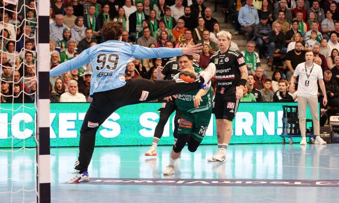 29 03 2026, Germany, Göppingen, Handball DAIKIN HBL, FRISCH AUF Göppingen vs HC Erlangen, f l Tin Herceg HC , Tim Goßner FAG