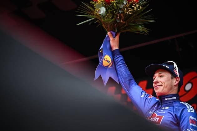 Belgian Jasper Philipsen of Alpecin-Premier Tech celebrates on the podium after winning the men elite Middelkerke-Wevelgem - In Flanders Fields one day cycling race, 240.8 km from Middelkerke to Wevelgem, on Sunday 29 March 2026. JASPERxJACOBS  x169254753x