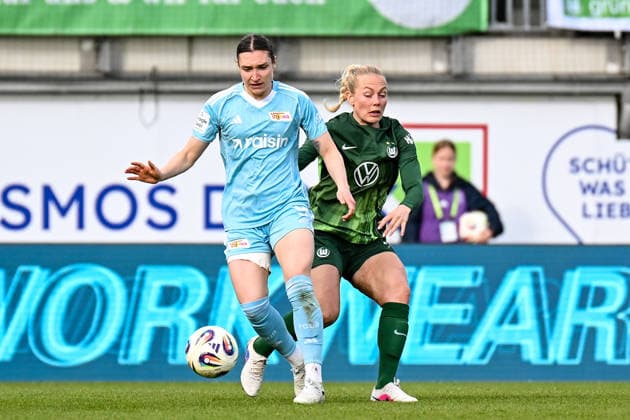 Soccer I Women I Season 2025 2026 I Bundesliga I 22 Matchday I VfL Wolfsburg 1 FC Union Berlin I 29 03 2026 Sophie Weidauer 9, 1 FC Union Berlin and Guro Bergsvand 20, VfL Wolfsburg Wolfsburg AOK Stadium Lower Saxony Germany Copyright: xLobeca InesxHähnelx