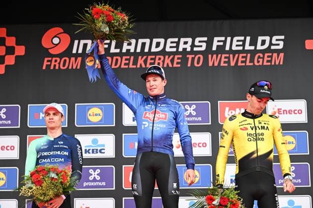 Belgian Jasper Philipsen of Alpecin-Premier Tech celebrates on the podium after winning the men elite Middelkerke-Wevelgem - In Flanders Fields one day cycling race, 240.8 km from Middelkerke to Wevelgem, on Sunday 29 March 2026. MAARTENxSTRAETEMANS  x169254776x