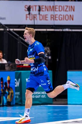 DAIKIN Handball Bundesliga TVB Stuttgart vs TBV Lemgo Lippe 29 03 2026 Stuttgart, GERMANY 29 March 2026 Torben Matzken TVB Stuttgart, 22 celebrating after his goal during the match between TVB Stuttgart and TBV Lemgo Lippe on matchday 26 of the Daikin Handball Bundesliga at the Porsche Arena Copyright: xBEAUTIFULxSPORTS Steinx