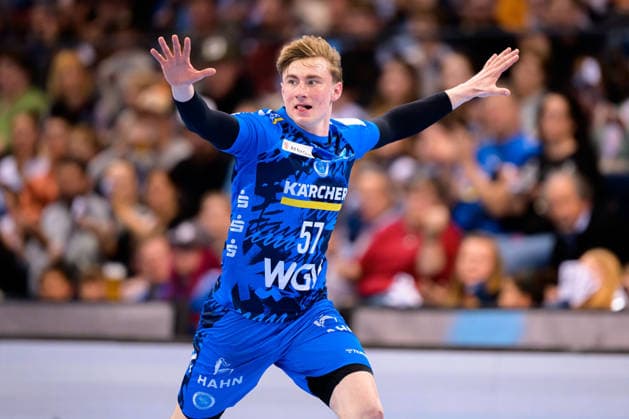 Stuttgart HBL 25 26 TVB Stuttgart TBV Lemgo Jakob Nigg Stuttgart Jubel Freude Emotion Torjubel Torschuetze Torschütze Stuttgart Porsche Arena Baden Württemberg Germany