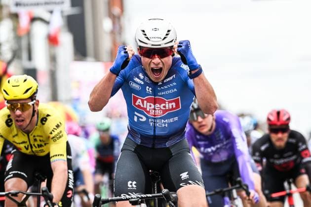 Belgian Jasper Philipsen of Alpecin-Premier Tech celebrates after winning the men elite Middelkerke-Wevelgem - In Flanders Fields one day cycling race, 240.8 km from Middelkerke to Wevelgem, on Sunday 29 March 2026. MAARTENxSTRAETEMANS  x169255404x