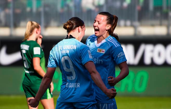 Germany Womens Bundesliga 2025 2026, Matchday 22 VfL Wolfsburg VS 1 FC Union Berlin AOK Stadion Wolfsburg Goal and goal celebration for Hannah Eurlings 1 FC Union Berlin Women, 14 Sophie Weidauer 1 FC Union Berlin Women, 9 Wolfsburg Copyright: xAymanxAlahmedx