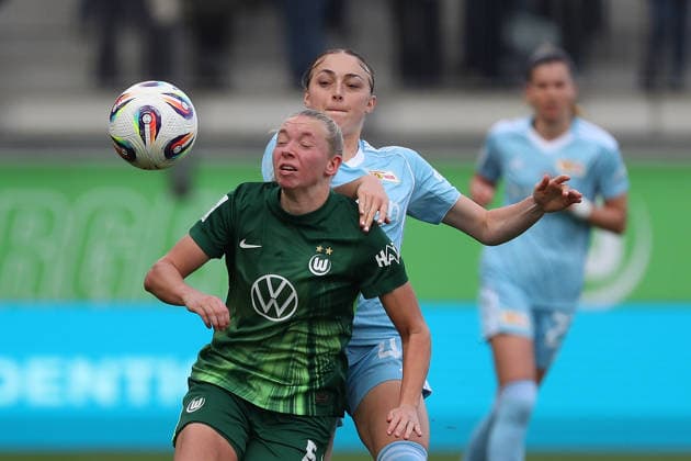 VfL vs Berlin, BL Women Wolfsburg, 29 03 2026, Football, Women, Google Pixel Bundesliga, Season 2025 2026, VfL Wolfsburg vs FC Union Berlin, Lia Kamber Union Berlin , Ella Paddemors VfL Wolfsburg AOK Stadion Niedersachsen Germany