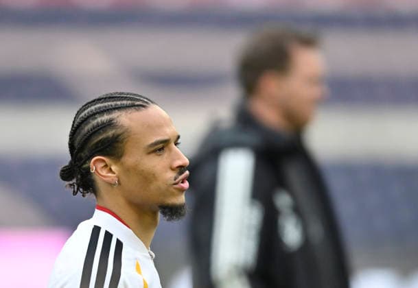 Leroy Sane GER 19 behind national coach Coach Julian Nagelsmann GER warm-up training iam 29 03 2026 m ahead of DFB Laenderspiel Germany GER vs Ghana GHA Freundschatsspiel Testspiel am 30 03 2026 DFL REGULATIONS PROHIBIT ANY USE OF PHOTOGRAPHS AS IMAGE SEQUENCES AND OR QUASI VIDEO DFB Laenderspiel Germany GER vs Ghana GHA