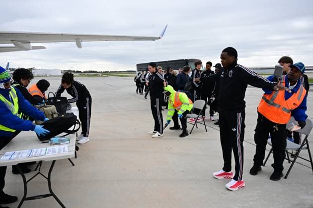 Belgium s Nathan Ngoy pictured during a security check on the tarmac of Atlanta airport as Red Devils, the Belgian national soccer team, are traveling to Chicago, USA, for a second friendly game, on Sunday 29 March 2026. These games are preparation games of the 2026 World Cup. DIRKxWAEM  x169258462x
