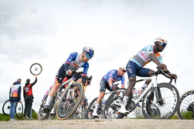 Slovenian Jan Tratnik of Red Bull-BORA-hansgrohe and Eritrean Biniam Girmay of NSN Cycling Team pictured in action during the men elite Middelkerke-Wevelgem - In Flanders Fields one day cycling race, 240.8 km from Middelkerke to Wevelgem, on Sunday 29 March 2026. ELIASxROM  x169259874x