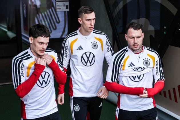 Sport, Football, UEFA international final training Germany before the friendly match against Ghana 29 03 2026, MHP Arena Stuttgart Florian Wirtz Germany, 17 Nico Schlotterbeck Germany, 15 David Raum Germany, 22 Stuttgart MHP Arena Baden Württemberg Germany