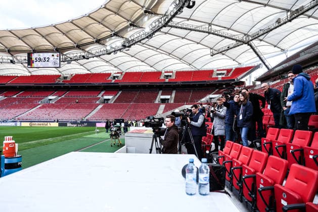 Sport, Football, UEFA international final training Germany before the friendly match against Ghana 29 03 2026, MHP Arena Stuttgart Journalists in the stands during training Stuttgart MHP Arena Baden Württemberg Germany