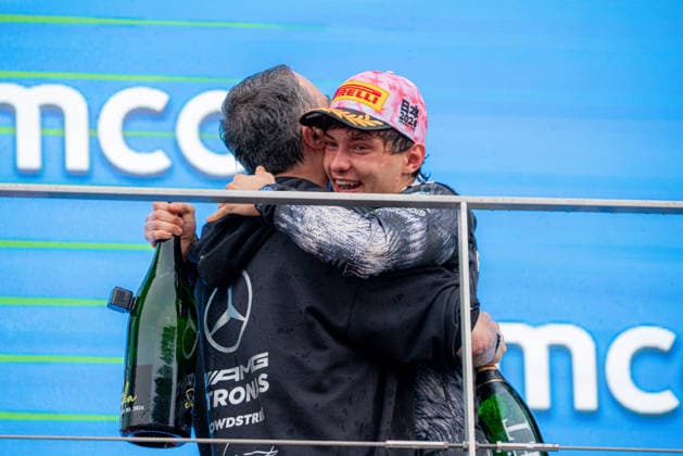 29th March 2026; Suzuka Circuit, Suzuka, Japan; 2026 FIA Formula 1 Japanese Grand Prix Race Day; Kimi Antonelli celebrates with champagne showers after the race of the Japanese Grand Prix 2026 KeiichixMiyashita