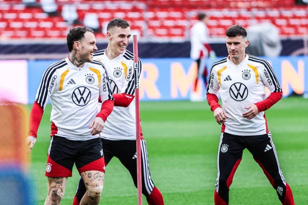 Sport, Football, UEFA international final training Germany before the friendly match against Ghana 29 03 2026, MHP Arena Stuttgart David Raum Germany, 22 Nico Schlotterbeck Germany, 15 Pascal Groß Germany, 5 Stuttgart MHP Arena Baden Württemberg Germany