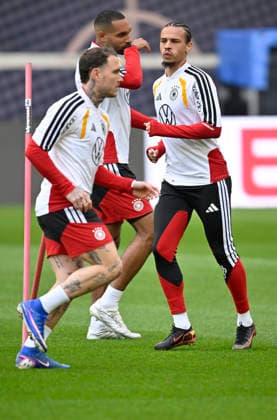 David Raum GER 22 Leroy Sane GER 19 Jonathan Tah GER 04 warm-up training iam 29 03 2026 m ahead of DFB Laenderspiel Deutschland GER vs Ghana GHA Freundschatsspiel Testspiel am 30 03 2026 DFL REGULATIONS PROHIBIT ANY USE OF PHOTOGRAPHS AS IMAGE SEQUENCES AND OR QUASI VIDEO DFB Laenderspiel Deutschland GER vs Ghana GHA