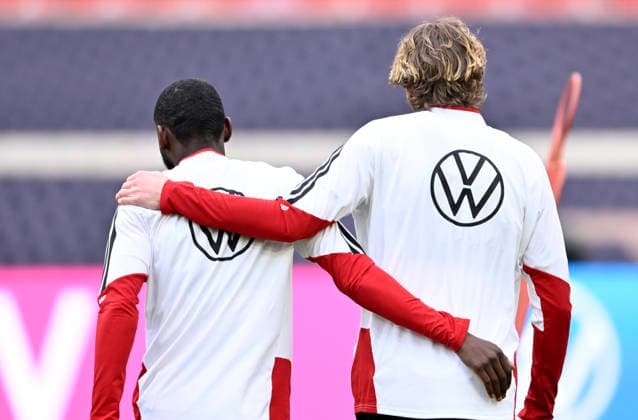 Antonio Ruediger GER 02 Nick Woltemade GER 11 from behind Hug Gesture Gesture Warming up Training iam 29 03 2026 m ahead of the DFB Laenderspiel Germany GER vs Ghana GHA Freundschatsspiel Testspiel am 30 03 2026 DFL REGULATIONS PROHIBIT ANY USE OF PHOTOGRAPHS AS IMAGE SEQUENCES AND OR QUASI VIDEO DFB Laenderspiel Germany GER vs Ghana GHA