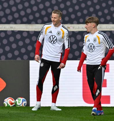 Chris Fuehrich GER 14 Lennart Karl GER 25 warm-up training iam 29 03 2026 m ahead of the DFB Laenderspiel Germany GER vs Ghana GHA friendly match test match on 30 03 2026 DFL REGULATIONS PROHIBIT ANY USE OF PHOTOGRAPHS AS IMAGE SEQUENCES AND OR QUASI VIDEO DFB Laenderspiel Germany GER vs Ghana GHA