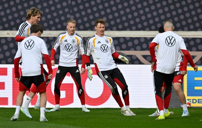 Goalkeeper Alexander Nuebel GER 12 Chris Fuehrich GER 14 Nick Woltemade GER 11 Angelo Stiller GER 16 Warm-up training iam 29 03 2026 m ahead of DFB Laenderspiel Deutschland GER vs Ghana GHA Freundschatsspiel Testspiel am 30 03 2026 DFL REGULATIONS PROHIBIT ANY USE OF PHOTOGRAPHS AS IMAGE SEQUENCES AND OR QUASI VIDEO DFB Laenderspiel Deutschland GER vs Ghana GHA