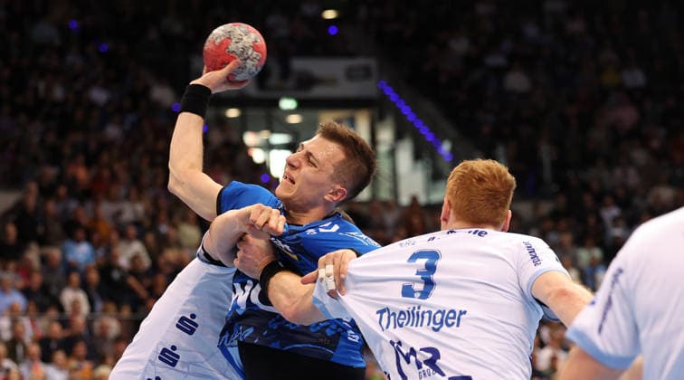 29 03 2026, Germany, Stuttgart, Handball Bundesliga, TVB Stuttgart vs Lemgo Lippe, Simone Mengon TVB, MIte , Nicolai Theilinger Lemgo