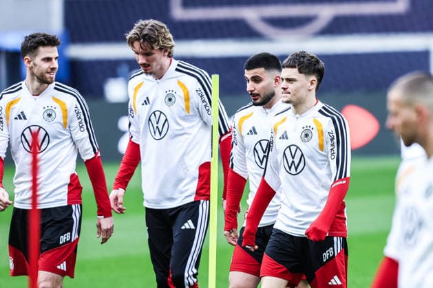 Sport, Football, UEFA international final training Germany before the friendly match against Ghana 29 03 2026, MHP Arena Stuttgart Anton Stach Germany, 24 Nick Woltemade Germany, 11 Deniz Undav Germany, 13 Florian Wirtz Germany, 17 Stuttgart MHP Arena Baden Württemberg Germany