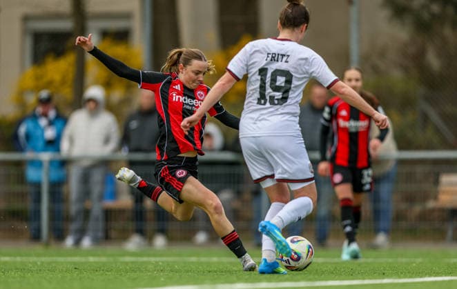 GER, Frankfurt, Eintracht Frankfurt II vs FC Ingolstadt, 2 Womens Bundesliga, Football, DFB, Season 2025 2026, Stadion am Brentanobad, 21 Matchday in picture Helene Schäfer Eintracht Frankfurt 35 , Anna Lena Fritz FC Ingolstadt Women 19 DFB DFL REGULATIONS PROHIBIT ANY USE OF PHOTOGRAPHS AS IMAGE SEQUENCES AND OR QUASI VIDEO, 29 03 2026 Copyright: HMBxMedia HendrikxHamelau