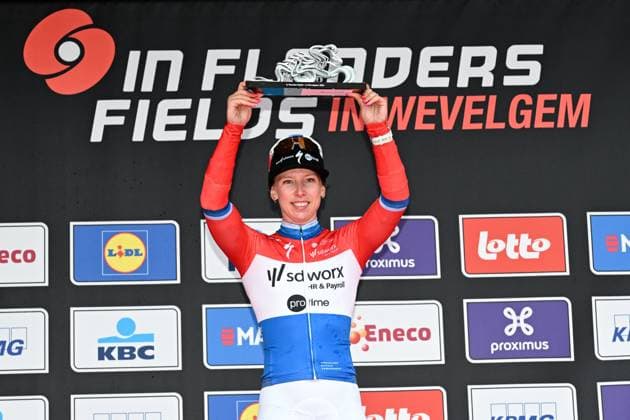 Dutch Lorena Wiebes of SD Worx-Protime celebrates on the podium after winning the women elite Wevelgem to Wevelgem - In Flanders Fields one day cycling race, 134.9 km from and to Wevelgem, on Sunday 29 March 2026. MAARTENxSTRAETEMANS  x169262463x