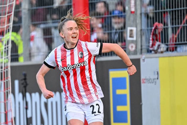 Cheering for the 1 2 goal by Lisa Kolb SC Freiburg, 22 GER, SC Freiburg TSG Hoffenheim, Womens Football, Google Pixel Womens Bundesliga, 22 Matchday, Season 2025 2026, 29 03 2026 DFB REGULATIONS PROHIBIT ANY USE OF PHOTOGRAPHS AS IMAGE SEQUENCES AND OR QUASI VIDEO GER, SC Freiburg TSG Hoffenheim, Womens Football, Google Pixel Womens Bundesliga, 22 Matchday, Season 2025 2026, 29 03 2026 Freiburg Copyright: xEibner-Pressefoto ThomasxHessx EP_THS