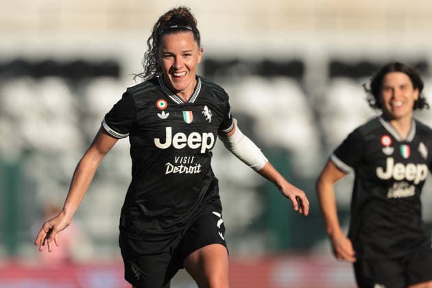 Biella, Italy, 29th March 2026. Ana Capeta of Juventus celebrates after scoring to give the side a 1-0 lead during the Juventus Women vs Fiorentina Women Coppa Italia Femminile Semi Final 2nd leg match at Stadio Vittorio Pozzo, Biella. Picture credit should read: Jonathan Moscrop Sportimage EDITORIAL USE ONLY. No use with unauthorised audio, video, data, fixture lists, club league logos or live services. Online in-match use limited to 120 images, no video emulation. No use in betting, games or single club league player publications. SPI_002_JM_JUVE_FIORENTINA_FEMM_CI SPI-4623-0002