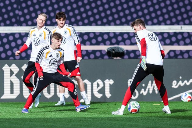 Sport, Football, UEFA international final training Germany before the friendly match against Ghana 29 03 2026, MHP Arena Stuttgart Lennart Karl Germany, 25 Anton Stach Germany, 24 Stuttgart MHP Arena Baden Württemberg Germany