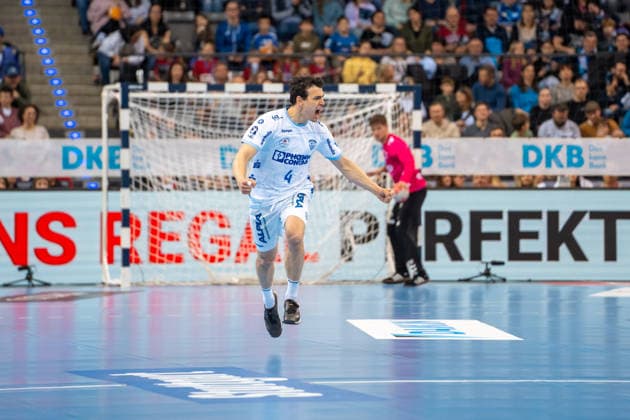 Handball I Men I Season 2025 2026 I Bundesliga I 26 Matchday I TVB Stuttgart TBV Lemgo Lippe I 29 03 2026 Samuel Zehnder 4, TBV Lemgo Lippe cheers Stuttgart Porsche Arena Baden Württemberg Germany Copyright: xLobeca MaxxPetershansx
