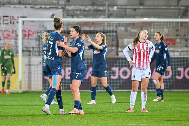 Franziska Harsch TSG Hoffenheim, 17 , Naomi Luyet TSG Hoffenheim, 07 are happy about the 1 2 victory Disappointment at Alena Bienz SC Freiburg, 08 GER, SC Freiburg TSG Hoffenheim, Women Football, Google Pixel Women Bundesliga, 22 Matchday, Season 2025 2026, 29 03 2026 DFB REGULATES PROHIBIT ANY USE OF PHOTOGRAPHS AS IMAGE SEQUENCES AND OR QUASI VIDEO GER, SC Freiburg TSG Hoffenheim, Women Football, Google Pixel Women Bundesliga, 22 Matchday, Season 2025 2026, 29 03 2026 Freiburg Copyright: xEibner-Pressefoto ThomasxHessx EP_THS