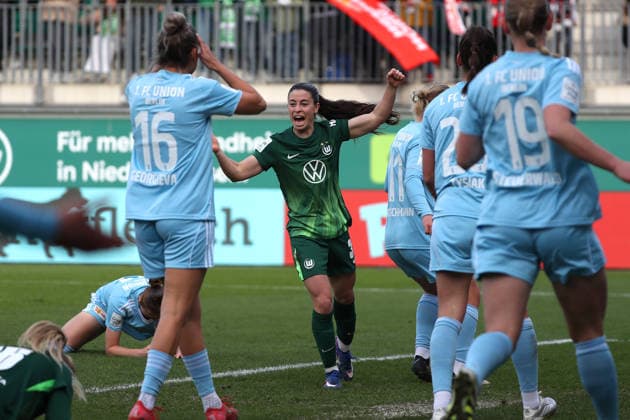 VfL vs Berlin, BL Women Wolfsburg, 29 03 2026, Football, Women, Google Pixel Bundesliga, Season 2025 2026, VfL Wolfsburg vs FC Union Berlin, Judit Pujols VfL Wolfsburg cheers after her goal for 3 3 AOK Stadion Niedersachsen Germany