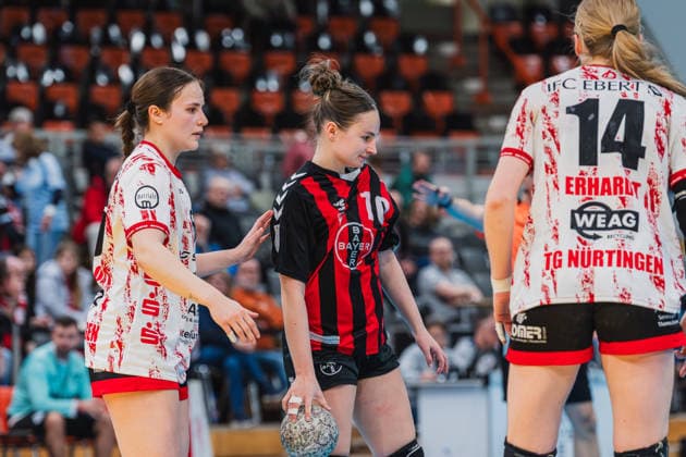 Maileen Seeger TG Nuettingen, 16 , Sophia Cormann TSV Bayer 04 Leverkusen, 10 , Nora Erhardt TG Nuettingen, 14 TSV Bayer 04 Leverkusen vs TG Nuertingen, Handball, 2 Handball Bundesliga, 22 Matchday, Season 2025 26, 29 03 2026, TSV Bayer 04 Leverkusen vs TG Nuertingen, Handball, 2 HBL, 22 Matchday, Season 2025 26, 29 03 2026 Leverkusen Copyright: xEibner-Pressefoto LukasxBaldygax EP_LBA