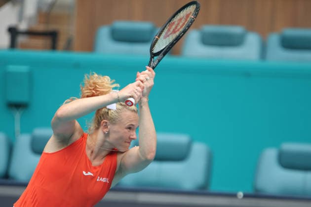 March 29, 2026, Miami Gardens, Florida, USA: KATERINA SINIAKOVA (CZE) in action during her women s doubles finals match against SARA ERRANI (ITA) and JASMINE PAOLINI (ITA) at the Miami Open at Hard Rock Stadium in Miami Gardens, Florida. Teennis 2026: Miami Open Women Doubles Finals  - ZUMAv151 20260329_zsp_v151_005 Copyright: xLorenzoxVasquezx