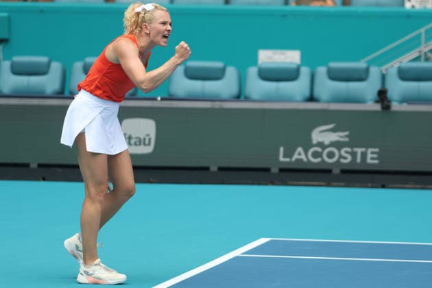 March 29, 2026, Miami Gardens, Florida, USA: KATERINA SINIAKOVA (CZE) reacts during her women s doubles finals match against SARA ERRANI (ITA) and JASMINE PAOLINI (ITA) at the Miami Open at Hard Rock Stadium in Miami Gardens, Florida. Miami Gardens USA - ZUMAv151 20260329_zsp_v151_008 Copyright: xLorenzoxVasquezx