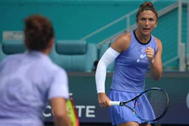 March 29, 2026, Miami Gardens, Florida, USA: SARA ERRANI (ITA) reacts during her women s doubles finals match against TAYLOR TOWNSEND (USA) and KATERINA SINIAKOVA (CZE) at the Miami Open at Hard Rock Stadium in Miami Gardens, Florida. Teennis 2026: Miami Open Women Doubles Finals  - ZUMAv151 20260329_zsp_v151_018 Copyright: xLorenzoxVasquezx