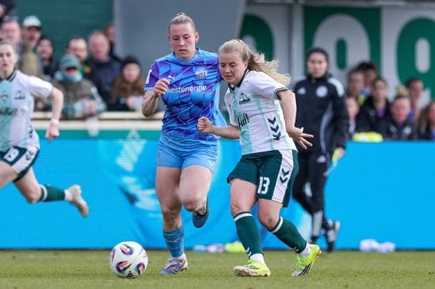 from left Ramona Maier SGS Essen, 9 and Ricarda Walkling SV Werder Bremen, 13 in a duel, dynamic, action, action, game scene, THE DFB REGULATIONS PROHIBIT ANY USE OF PHOTOGRAPHS AS IMAGE SEQUENCES AND OR QUASI VIDEO , 29 03 2026, Bremen Germany , Football, Google Pixel Womens Bundesliga, SV Werder Bremen SGS Essen xobx