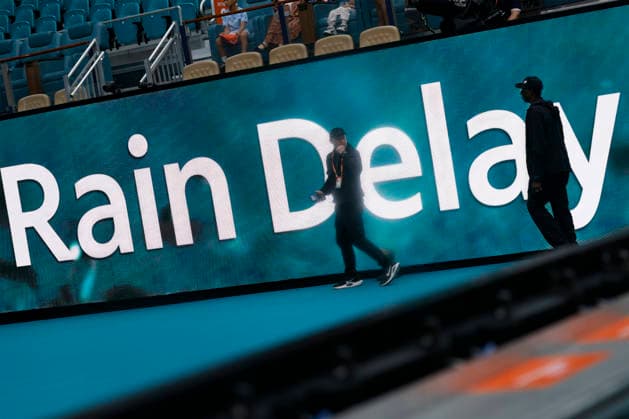 A rain delay is in effect for the start of the Jannik Sinner from Italy against Jiri Lehecka from Czechia in the mens final match on the stadium court at the Miami Open in the Hard Rock Stadium in Miami Gardens, Florida, on Sunday, March 29, 2026.  MIA20260329101 GARYxIxROTHSTEIN