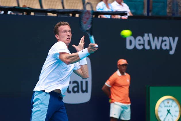 MIAMI GARDENS, FL - MARCH 29: Jiri Lehecka (CZE) in action during the men™s final singles match against Yannik Sinner (ITA) (not pictured) at the Miami Open on March 29, 2026, at Hard Rock Stadium in Miami Gardens, Florida,(Photo by Chris Arjoon Icon Sportswire) TENNIS: MAR 29 Miami Open EDITORIAL USE ONLY Icon2603290010018