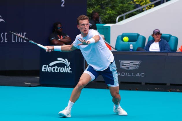 MIAMI GARDENS, FL - MARCH 29: Jiri Lehecka (CZE) in action during the men™s final singles match against Yannik Sinner (ITA) (not pictured) at the Miami Open on March 29, 2026, at Hard Rock Stadium in Miami Gardens, Florida,(Photo by Chris Arjoon Icon Sportswire) TENNIS: MAR 29 Miami Open EDITORIAL USE ONLY Icon2603290010022