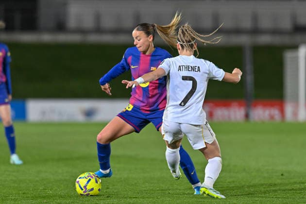March 30, 2026, Madrid, Madrid, Spain: CLARA SERRAJORDI of FC Barcelona, Barca Femenino disputes a ball ATHENEA DEL CASTILLO of Real Madrid Femenino CF during the Spanish Women League, Liga F, football match played between REAL MADRID 0 Vs FC BARCELONA 3 at Alfredo Di Stefano stadium on march 29, 2026, in Valdebebas, Madrid, Spain. Spanish Women League REAL MADRID 0 Vs FC BARCELONA 3 (03.29.26)  - ZUMAc312 20260330_zsp_c312_096 Copyright: xOscarxManuelxSanchezx