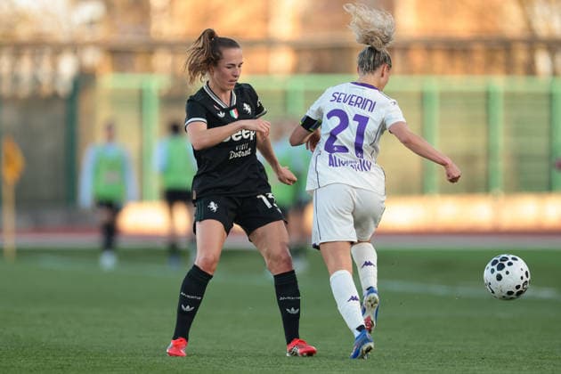 Biella, Italy, 29th March 2026. Lia Walti of Juventus challenges Ana Capeta of Juventus during the Juventus Women vs Fiorentina Women Coppa Italia Femminile Semi Final 2nd leg match at Stadio Vittorio Pozzo, Biella. Picture credit should read: Jonathan Moscrop Sportimage EDITORIAL USE ONLY. No use with unauthorised audio, video, data, fixture lists, club league logos or live services. Online in-match use limited to 120 images, no video emulation. No use in betting, games or single club league player publications. SPI_020_JM_JUVE_FIORENTINA_FEMM_CI SPI-4623-0020