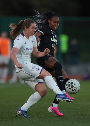 Biella, Italy, 29th March 2026. Lindsey Thomas of Juventus challenges Emma Skou Faerge of AFC Fiorentina during the Juventus Women vs Fiorentina Women Coppa Italia Femminile Semi Final 2nd leg match at Stadio Vittorio Pozzo, Biella. Picture credit should read: Jonathan Moscrop Sportimage EDITORIAL USE ONLY. No use with unauthorised audio, video, data, fixture lists, club league logos or live services. Online in-match use limited to 120 images, no video emulation. No use in betting, games or single club league player publications. SPI_025_JM_JUVE_FIORENTINA_FEMM_CI SPI-4623-0025