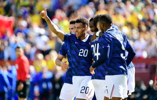 LANDOVER, MD - MARCH 29: France forward Desire DouÃ (20) celebrates with teammates after a first half goal during the France versus Colombia Road to ™26 international soccer friendly on March 29, 2026 at Northwest Stadium in Landover, MD. (Photo by Randy Litzinger Icon Sportswire) SOCCER: MAR 29 Road to 26 France vs Colombia EDITORIAL USE ONLY Icon9662603290116