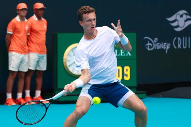 MIAMI GARDENS, FL - MARCH 29: Jiri Lehecka (CZE) in action during the men™s final singles match against Jannik Sinner (ITA) (not pictured) at the Miami Open on March 29, 2026, at Hard Rock Stadium in Miami Gardens, Florida,(Photo by Chris Arjoon Icon Sportswire) TENNIS: MAR 29 Miami Open EDITORIAL USE ONLY Icon2603290010031