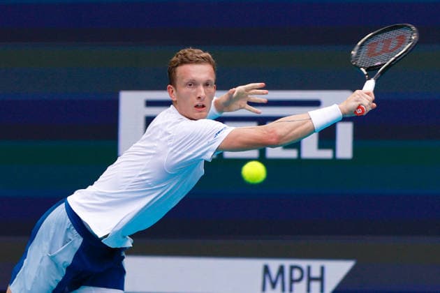 MIAMI GARDENS, FL - MARCH 29: Jiri Lehecka (CZE) in action during the men™s final singles match against Jannik Sinner (ITA) (not pictured) at the Miami Open on March 29, 2026, at Hard Rock Stadium in Miami Gardens, Florida,(Photo by Chris Arjoon Icon Sportswire) TENNIS: MAR 29 Miami Open EDITORIAL USE ONLY Icon2603290010035