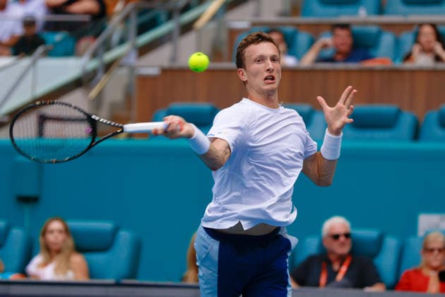 MIAMI GARDENS, FL - MARCH 29: Jiri Lehecka (CZE) in action during the men™s final singles match against Jannik Sinner (ITA) (not pictured) at the Miami Open on March 29, 2026, at Hard Rock Stadium in Miami Gardens, Florida,(Photo by Chris Arjoon Icon Sportswire) TENNIS: MAR 29 Miami Open EDITORIAL USE ONLY Icon2603290010045