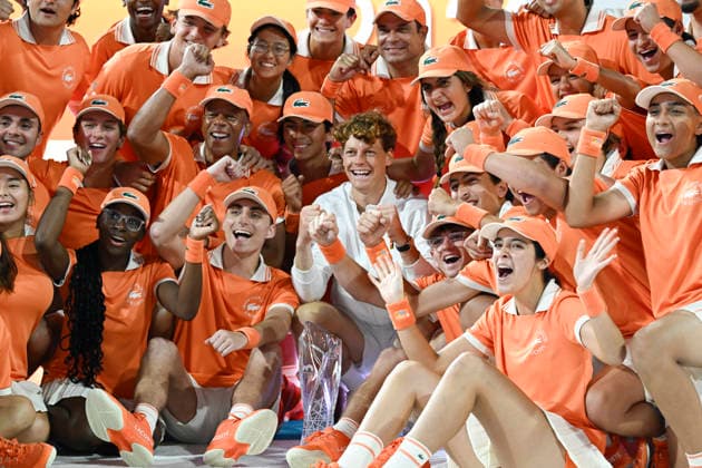 MIAMI GARDENS, FL - MARCH 29: Jannik Sinner of Italy celebrates winning the menÕs singles final of the Miami Open on March 29. 2026, at Hard Rock Stadium in Miami Gardens, Florida. (Photo by Michele Eve Sandberg Icon Sportswire) TENNIS: MAR 29 Miami Open EDITORIAL USE ONLY Icon2603290911