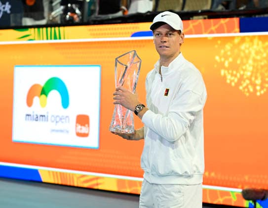 MIAMI GARDENS, FL - MARCH 29: Jannik Sinner of Italy celebrates winning the menÕs singles final of the Miami Open on March 29. 2026, at Hard Rock Stadium in Miami Gardens, Florida. (Photo by Michele Eve Sandberg Icon Sportswire) TENNIS: MAR 29 Miami Open EDITORIAL USE ONLY Icon2603290913