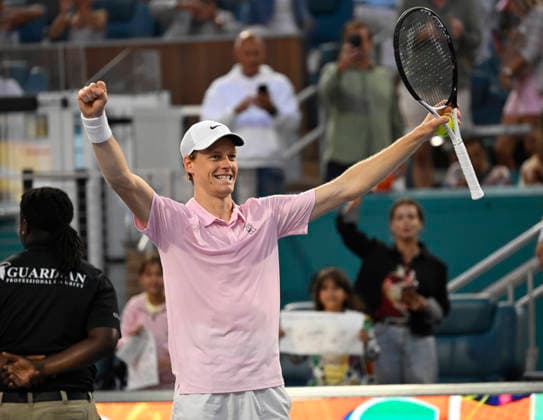 MIAMI GARDENS, FL - MARCH 29: Jannik Sinner of Italy celebrates winning the menÕs singles final of the Miami Open on March 29. 2026, at Hard Rock Stadium in Miami Gardens, Florida. (Photo by Michele Eve Sandberg Icon Sportswire) TENNIS: MAR 29 Miami Open EDITORIAL USE ONLY Icon2603290918